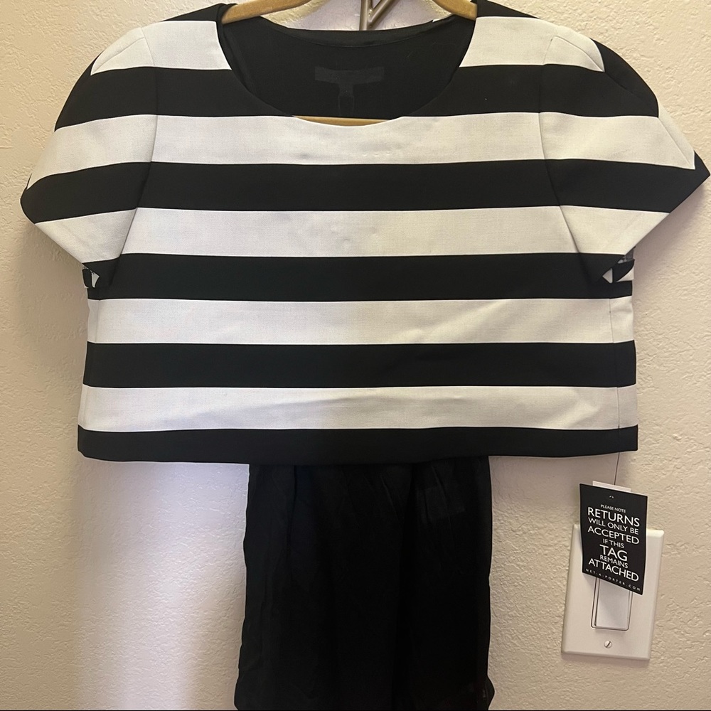 Maje oversized cropped striped top with black tank underlay, size 2. NWT